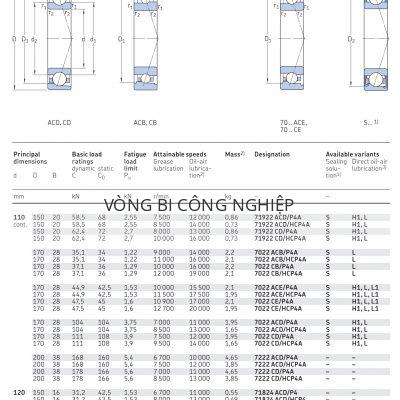 Vòng bi tiếp xúc góc 1 dãy siêu chính xác d 110 – 120 mm 71922 7022 7222 71824 71924 Catalog