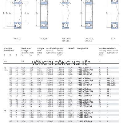 Vòng bi tiếp xúc góc 1 dãy siêu chính xác d 50 – 55 mm 7010 7210 71811 71911 Catalog