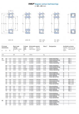 Vòng bi tiếp xúc góc 1 dãy siêu chính xác d 60 - 65 mm 71912 7012 7212 71813 Catalog