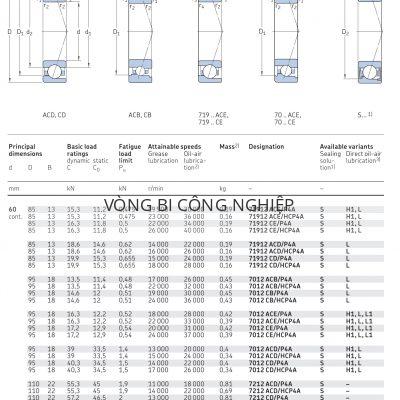 Vòng bi tiếp xúc góc 1 dãy siêu chính xác d 60 – 65 mm 71912 7012 7212 71813 Catalog