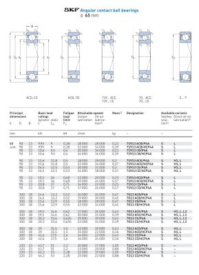 Vòng bi tiếp xúc góc 1 dãy siêu chính xác d 65 mm 71913 7013 7213 Catalog