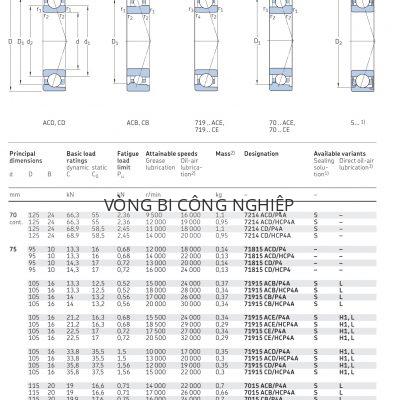 Vòng bi tiếp xúc góc 1 dãy siêu chính xác d 70 – 75 mm 7214 71815 71915 7015 Catalog