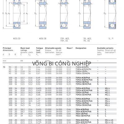 Vòng bi tiếp xúc góc 1 dãy siêu chính xác d 70 mm 71814 71914 7014 Catalog