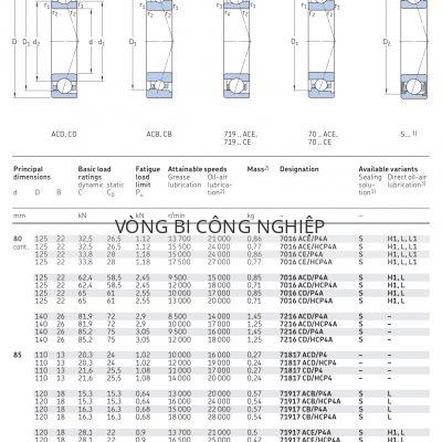 Vòng bi tiếp xúc góc 1 dãy siêu chính xác d 80 – 85 mm 7016 7216 71817 71917 Catalog