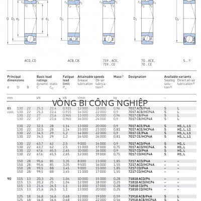 Vòng bi tiếp xúc góc 1 dãy siêu chính xác d 85 – 90 mm 7017 7217 71818 71918 Catalog