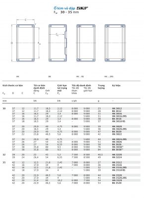 Ổ kim vỏ dập SKF Fw 30 – 35 mm HK HN BK 3012 3016 3018 3020 3022 3024 3026 3038 3220 3224 3512 3516 3518 3520 RS 2RS Catalog