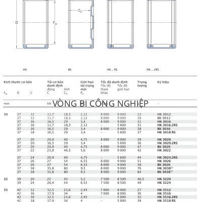 Ổ kim vỏ dập SKF Fw 30 – 35 mm HK HN BK 3012 3016 3018 3020 3022 3024 3026 3038 3220 3224 3512 3516 3518 3520 RS 2RS Catalog